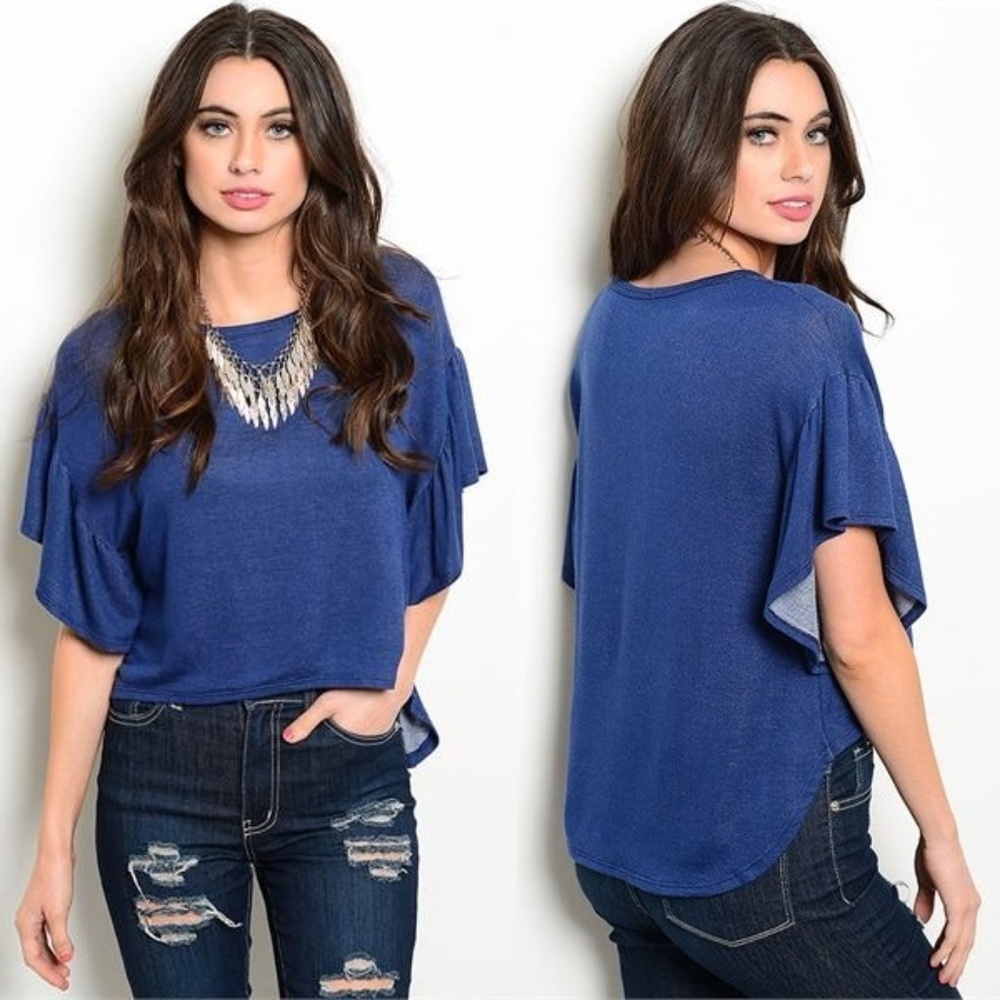 Ruffle Sleeves Knit High Low Crop Top | Indigo